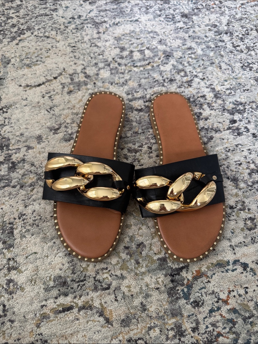 Black Slide Sandals with Gold Chain Accent size 8
